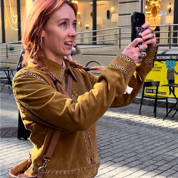 70s Grommet Studded Tan Suede Jacket - Picture 3 of 5